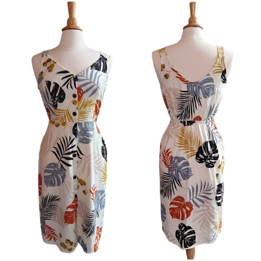 Monteau Los Angeles Linen Blend Tropical Print V-Neck Sleeveless Midi Dress S